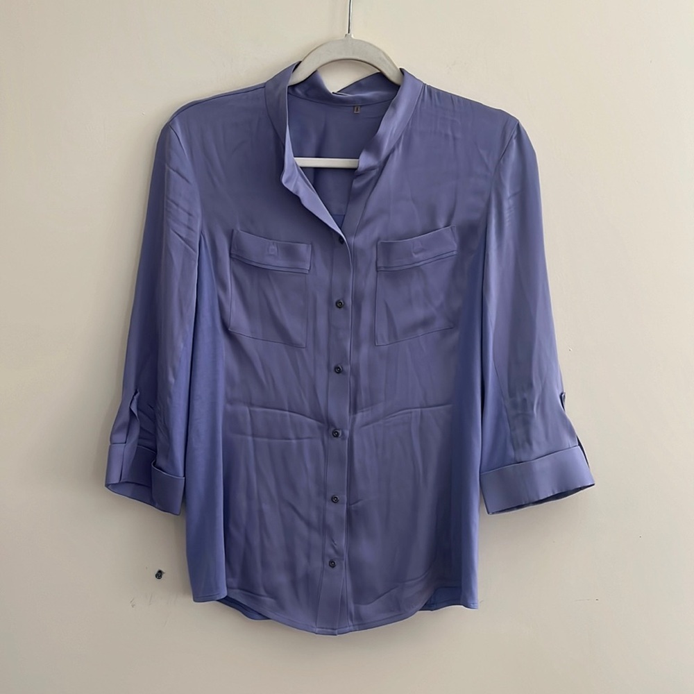 Elie Tahari Silk Button Down Blouse Top Purple M Roll Tab Sleeve Office‎ Casual
